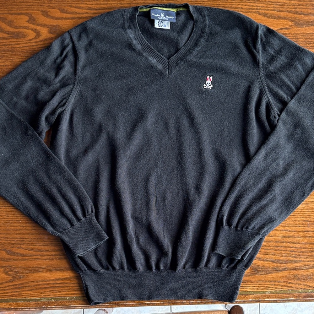 Psycho Bunny Black V-Neck Pima Cotton Sweater with Embroidered Logo EUC